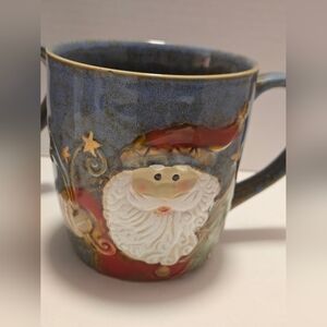 Burton Ceramic Mugs with Santa Face Blue and Brown Accents Set Of 2